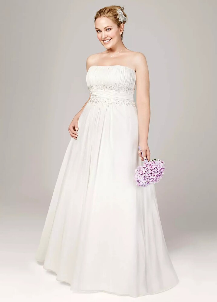 David's Bridal Ivory Chiffon A-Line Wedding Dress with Beads 18W Style 9V9743
